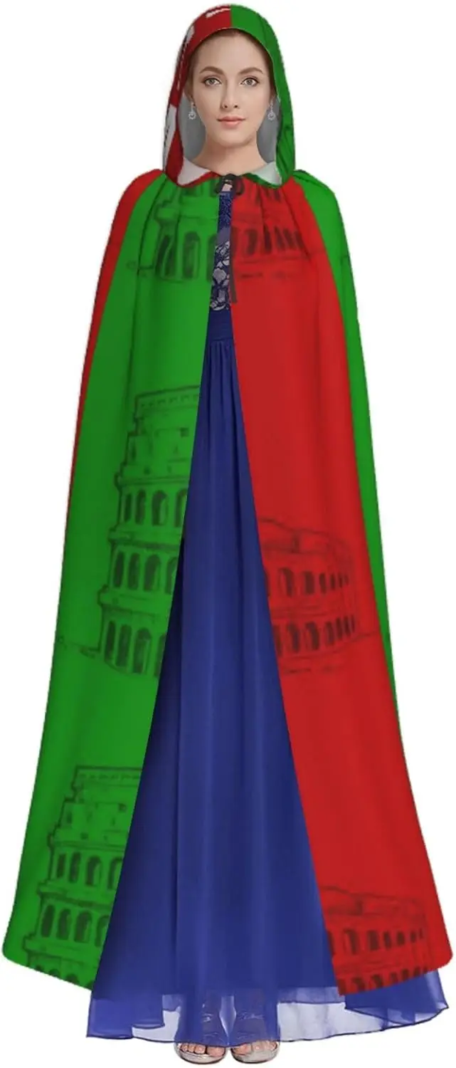 Roman Coliseum Italian Flag Print Halloween Hooded Cloak Carnival Parties Hooded Cape For Cosplay Vampire Costume