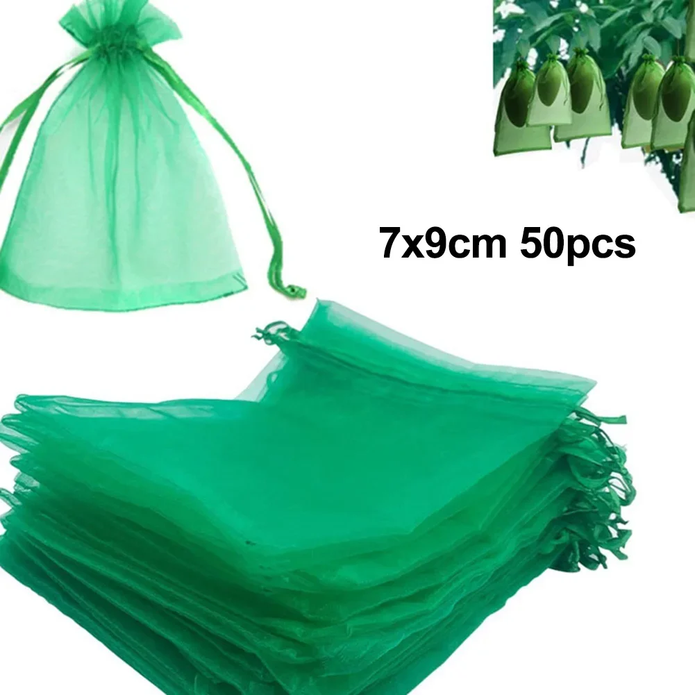 

50pcs Organza Garden Plant Fruit Protect Drawstring Net Bag Mesh Against Pest Bird Green Control Fabric