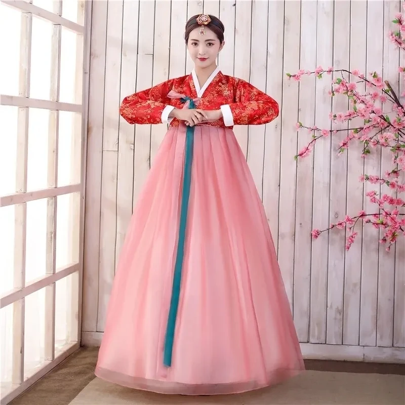 Gaun istana Korea Selatan wanita, setelan kostum Hanbok bercetak tradisional ditingkatkan bergaya etnik Korea 2025