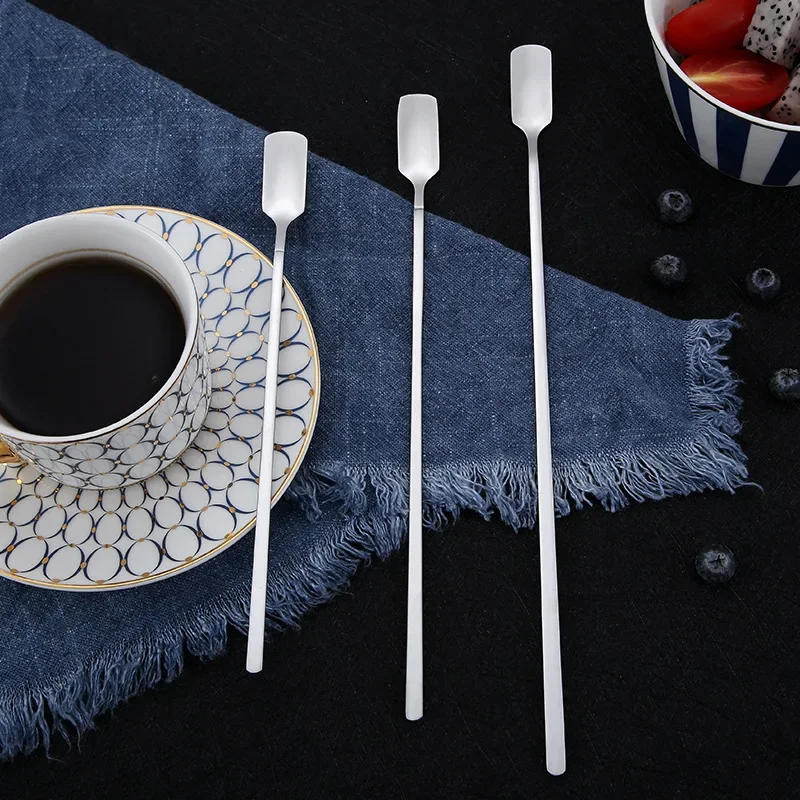 Stainless Steel Long Handle Silver Color Spoons Square Head Spoons Mixing Stirring for Coffee Tea Ice Cream Dessert Cake