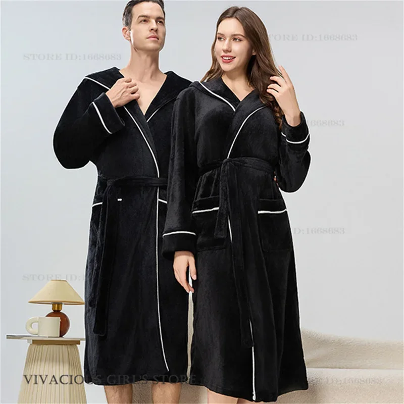 

Autumn Winter Couple Sleepwear Thicken Warm Coral Fleece Yukata Loungewear Flannel Hooded Robe Home Dress Loose Bathrobe Pajama