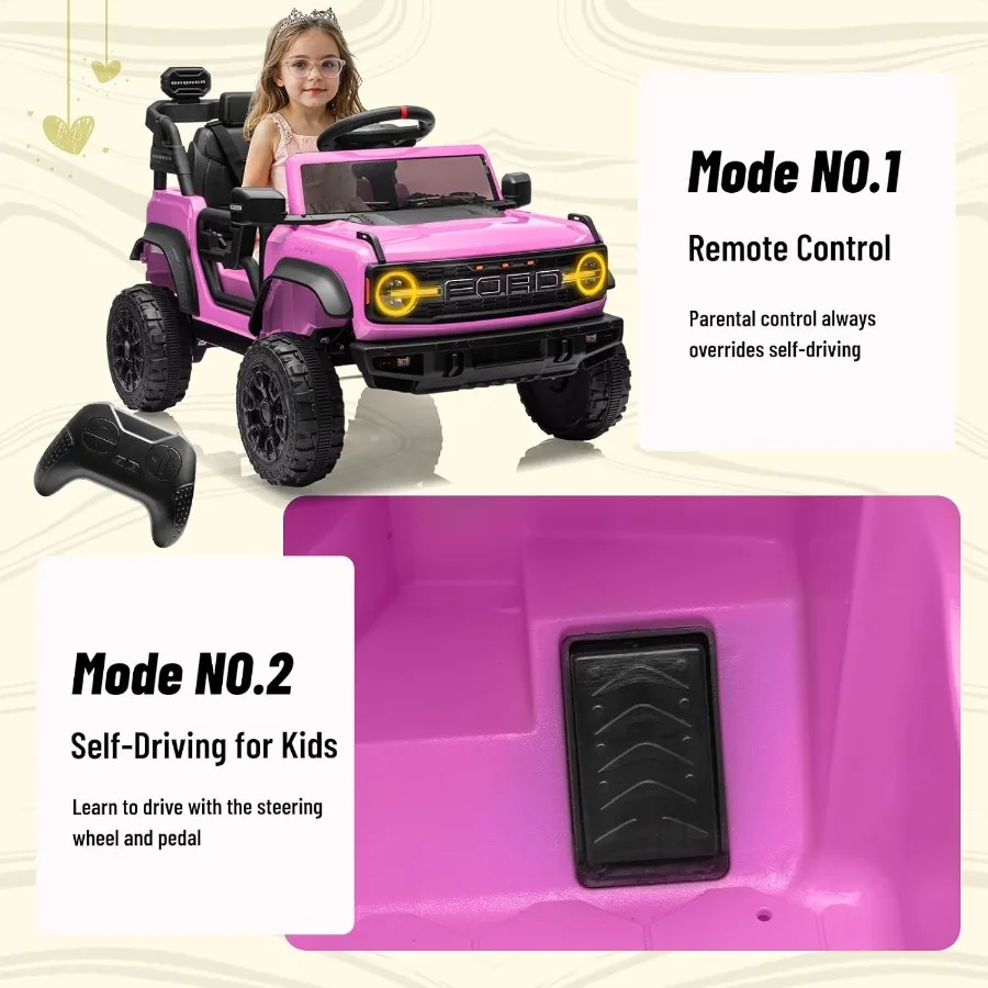 12V Ride on Toy for  Bronco Raptor Electric Car with Parent Remote Control Battery Powered Truck Car with 4-Wheel Suspension LE