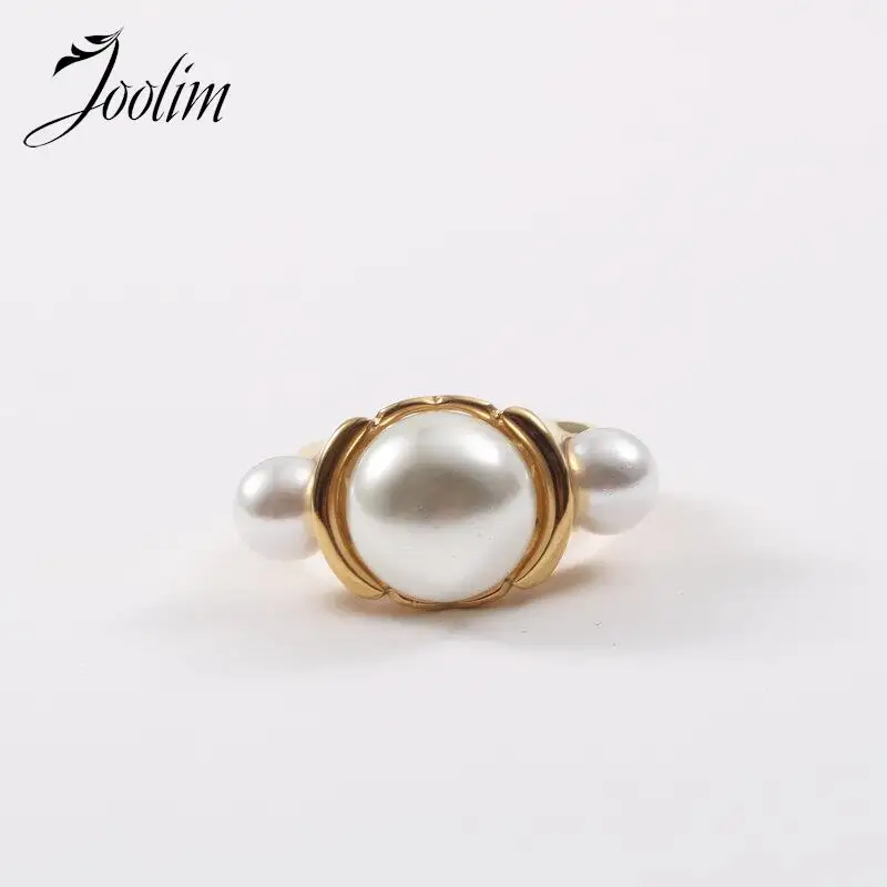 Joolim Jewelry Wholesale High End PVD Waterproof Fashion Luxury 3 Profiled Pearls Stainless Steel Ring Gift For Women