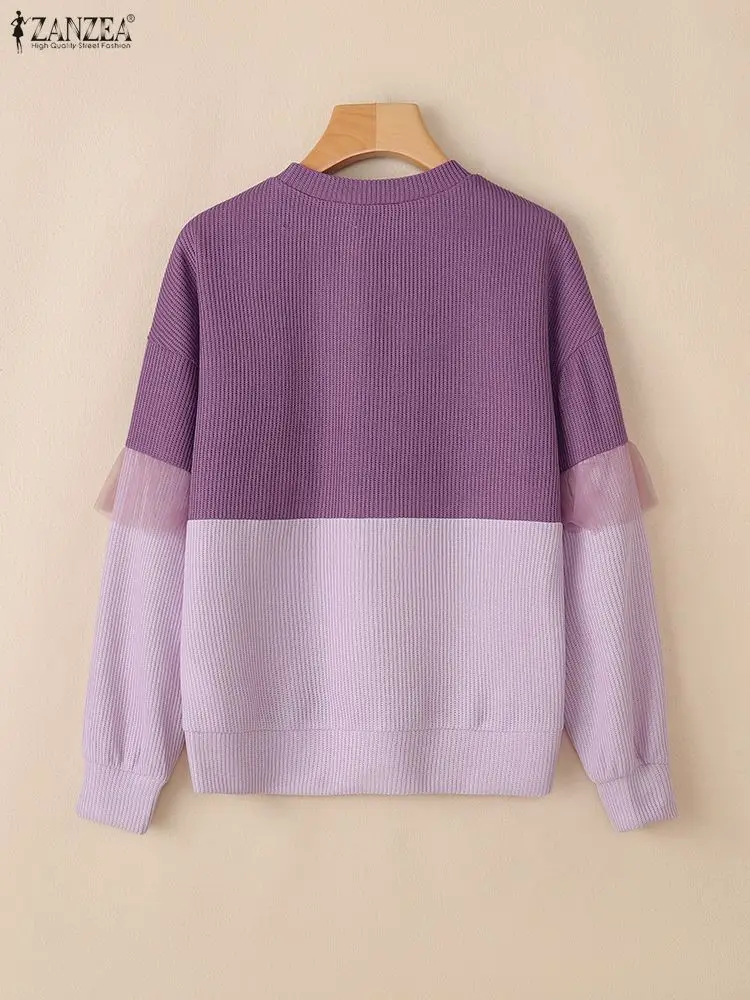 Zanzea moda coreana moletom feminino outono aconchegante gota-ombro manga malha retalhos contraste-cor pullovers roupas femininas