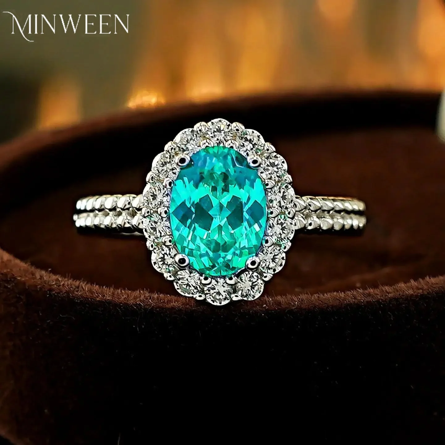 MINWEEN 2CT Oval Lab Paraiba Ring With  925 Sterling Silver For Engagement Jewelry Women Green Diamond Ring