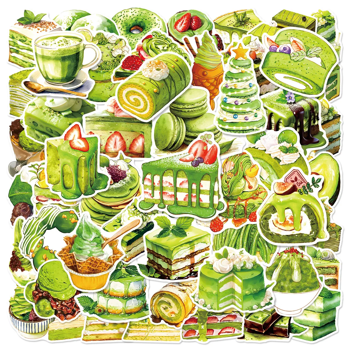 

10/50PCS Delicious Green Matcha Cake Cartoon Stickers Waterproof Graffiti Decal Kids Toy DIY Water Cup Notebook Paper Package
