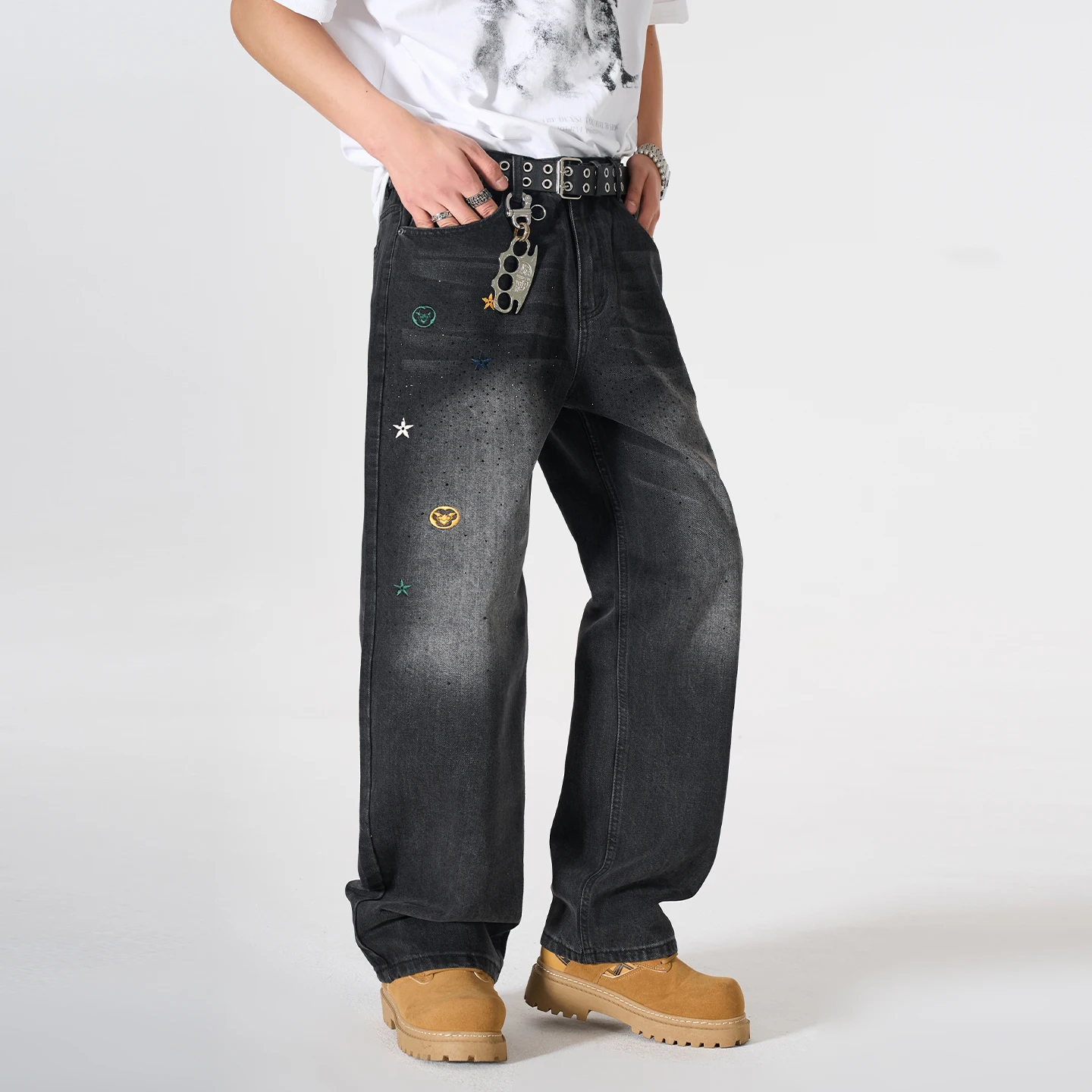 Jeans Men Embroidery Hot Stamping Streetwear Fashion Hip Hop Loose Casual Wide Leg Baggy Jeans Pant Denim Jeans Pants Trousers