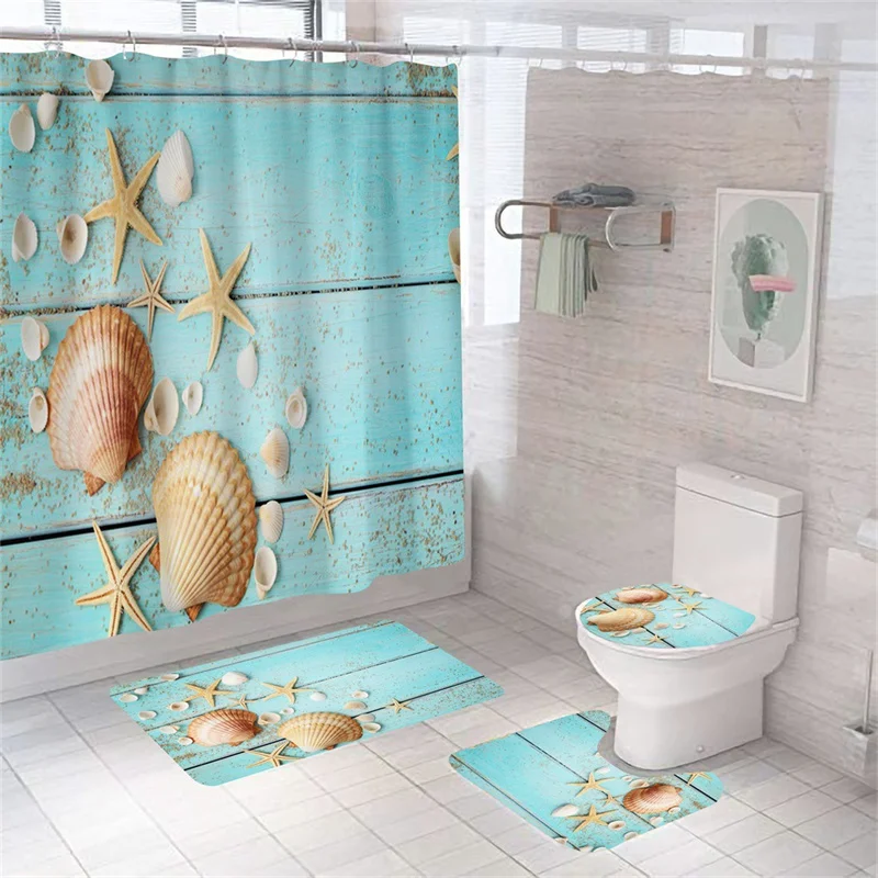 Print Shell Starfish Shower Curtains Ocean Beach New Bath Mat Set Waterproof Bath Curtain Polyester Anti-slip Carpet Toilet Rugs