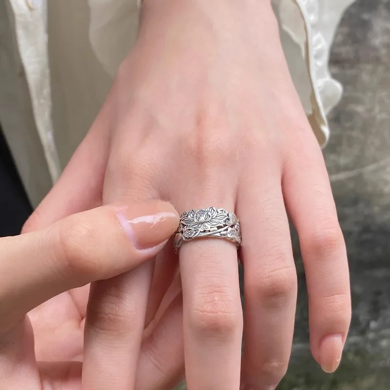 الرجعية القديمة الفضة لوتس حلقة مفتوحة المرأة خمر خمر الأزياء الخفيفة الفاخرة الراقية حلقة قابل للتعديل