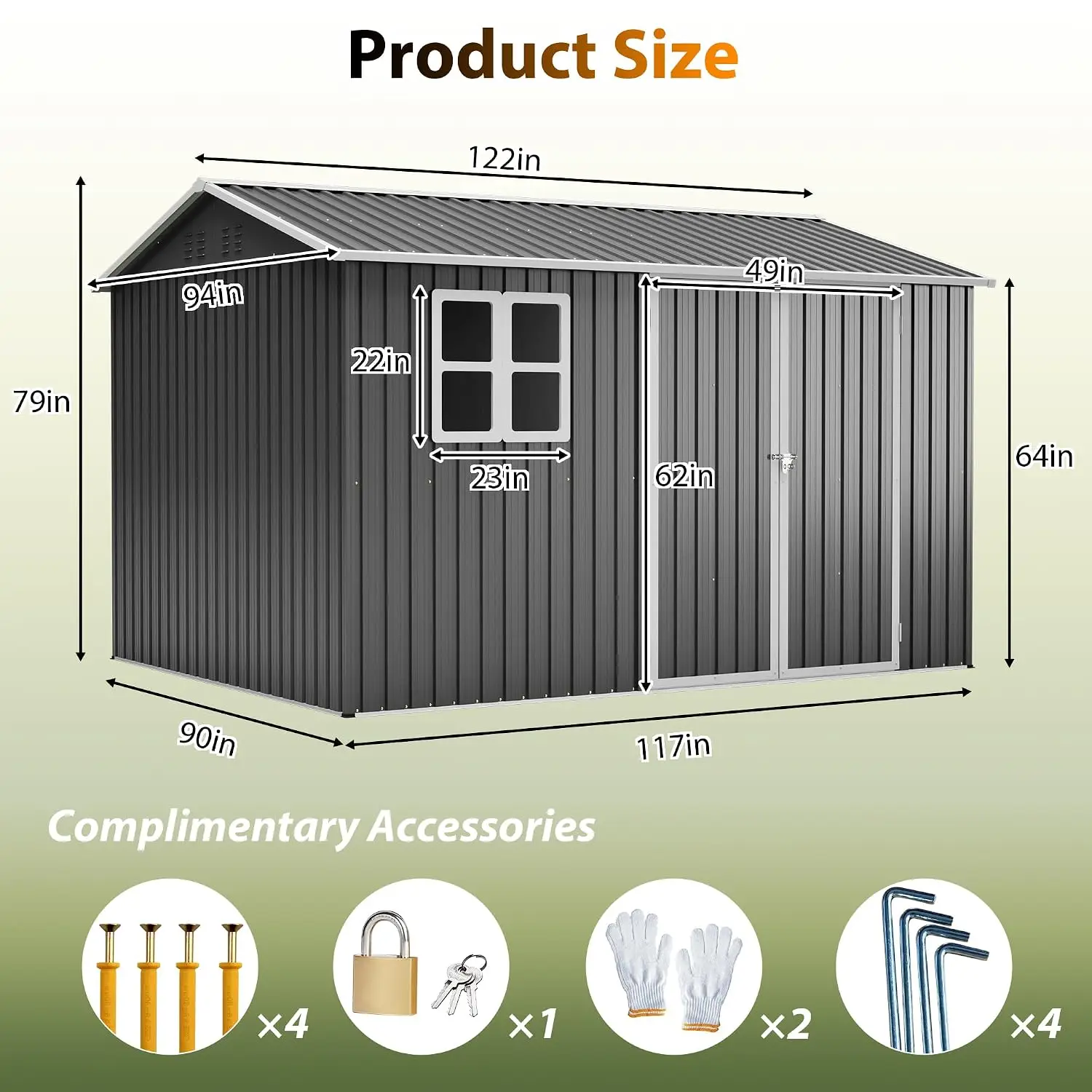 Galvanized Steel Storage Shed Window Lockable Double Doors Sloped Roof, Heavy Duty Ventilated Outdoor Metal Shed Garden Backyard