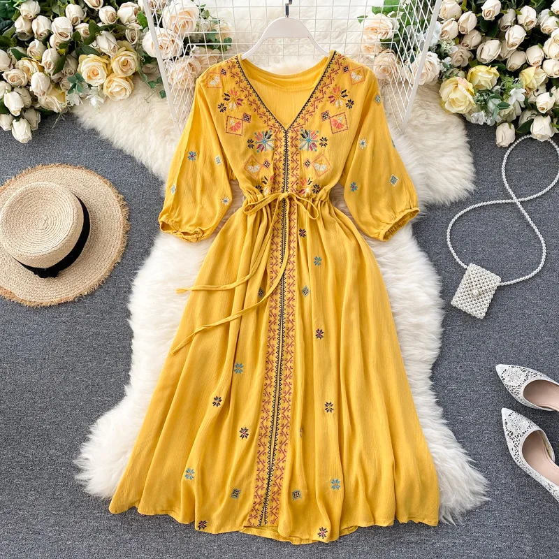 Ficusrong Women's Summer Bohemian Retro Folk Style Embroidery V Neck Tie Waist Thin Puff Sleeve Holiday Dress