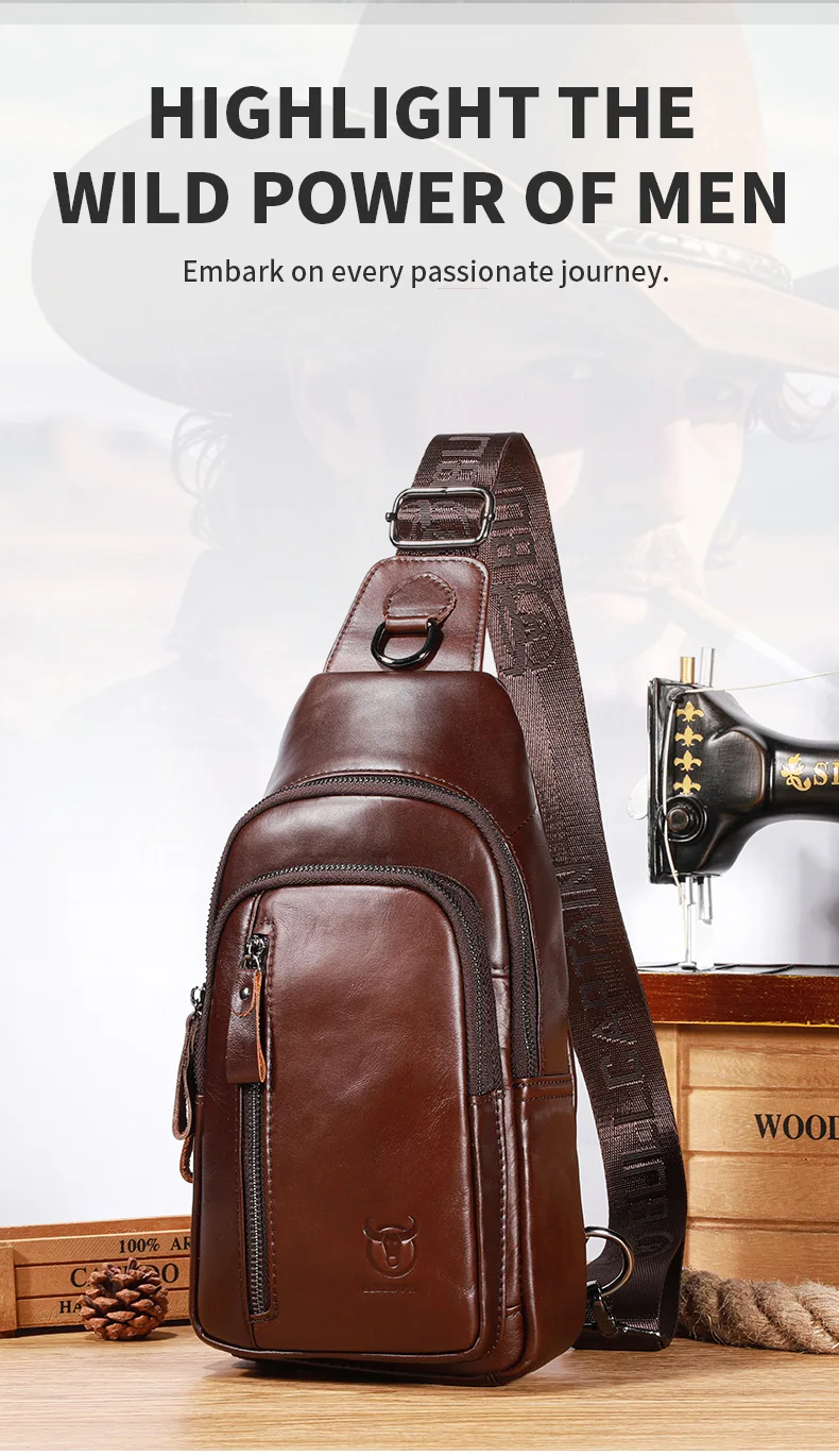 BULLCAPTAIN Brusttasche aus echtem Leder, große Kapazität, lässige Umhängetasche, multifunktionale Umhängetasche aus Leder der ersten Schicht – Detail 2