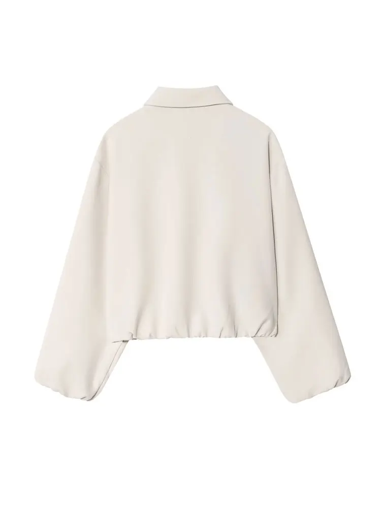 เสื้อแจ็คเก็ตทรงบอมเบอร์หลวมสำหรับผู้หญิง มีกระเป๋า แขนยาว ปกเสื้อแบบปกเชิ้ต ซิปด้านหน้า เสื้อคลุมแฟชั่นสุดชิค