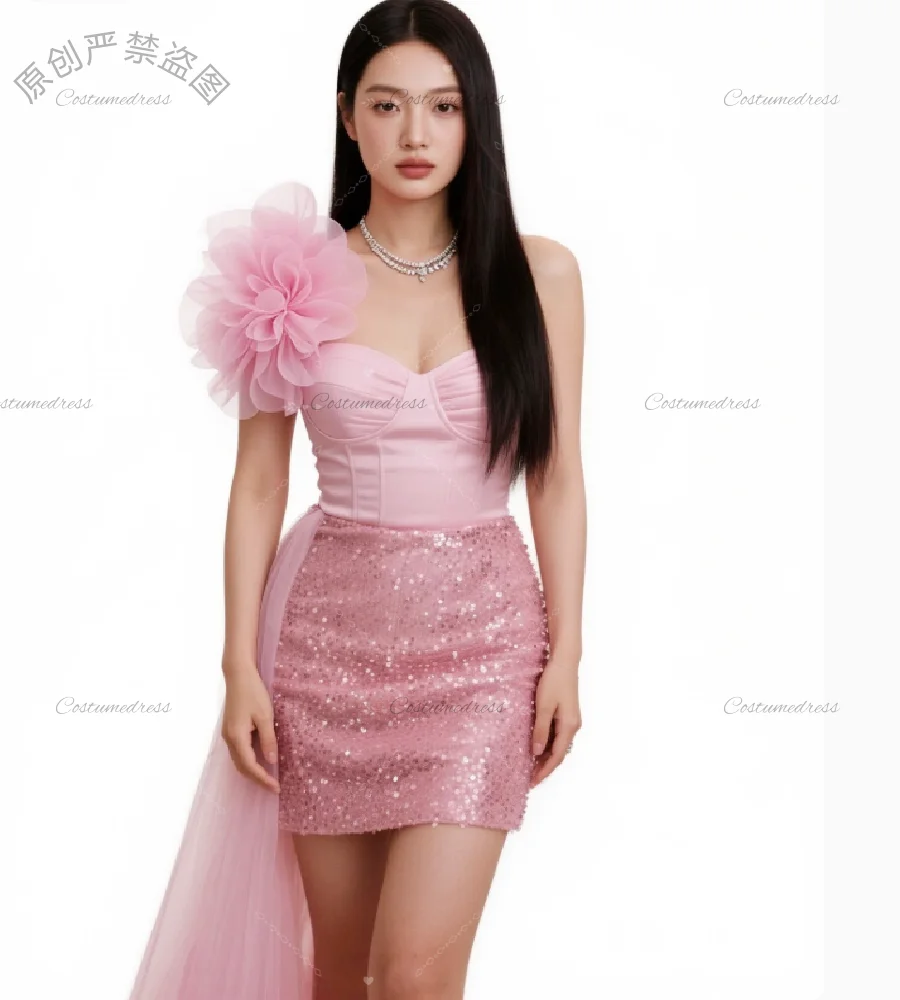 

Sexy Pink Sequin Prom Dress With Train 3D Florals Mini Short Evening Dress Chic Homecoming Cocktail Dress Sparkly Formal Party