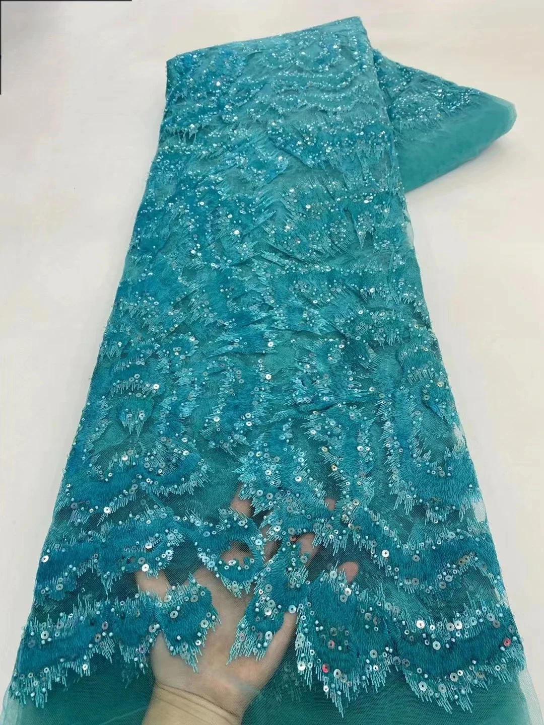 

Green French Lace Fabric With Sequins And Beads 2024 High Quality African Handmade Beads Tulle Lace Fabric For Dress PXX24108