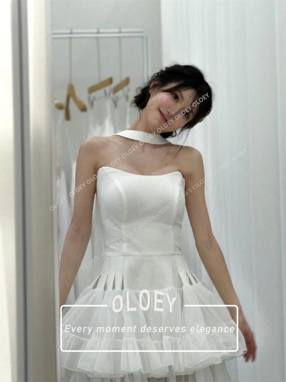 OLOEY Unique Strapless A-Line Korea Photoshoot Wedding Dress Pleated Waist Bridal Gown Floor Length Robe De Mariage Customized