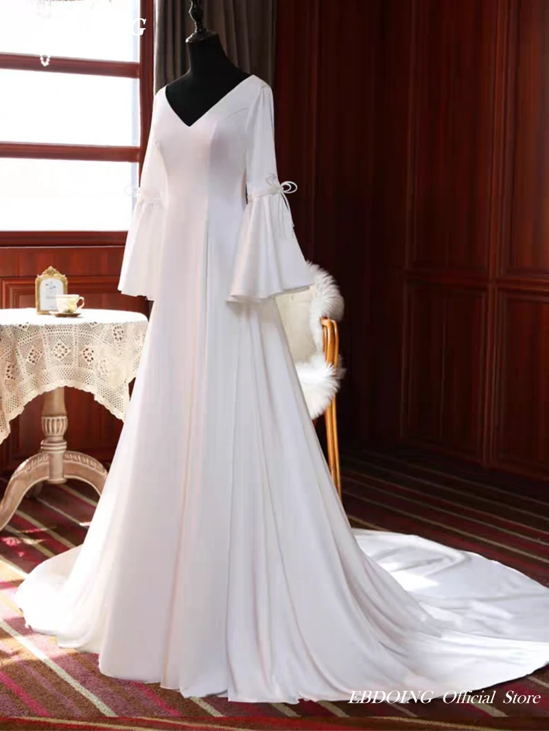 Wedding Dress A-Line V Neck Long Open Back WIth Flare Sleeves Custom Made Vestidos De Novias 2024