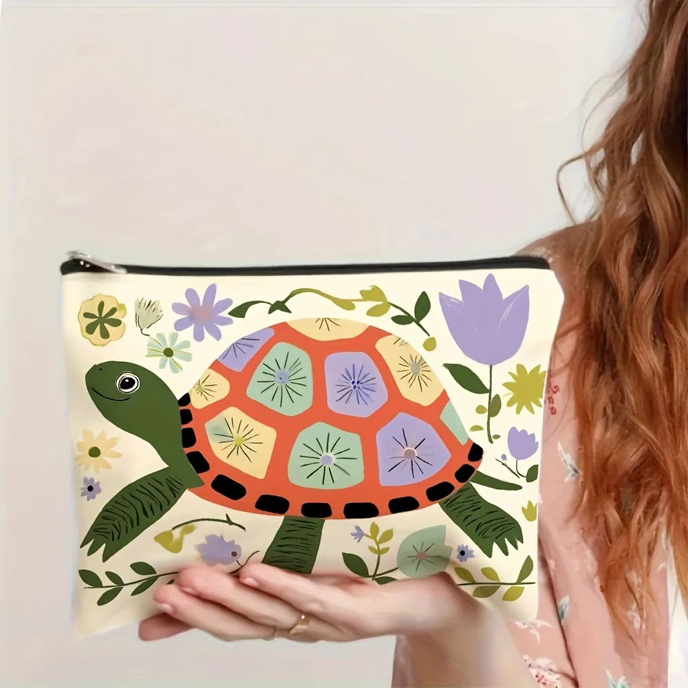おしゃれで可愛い亀の花柄プリントのメイクアップバッグ - 多機能ジッパーポーチ、ジュエリー収納バッグ、旅行に最適な小型ジッパーバッグ