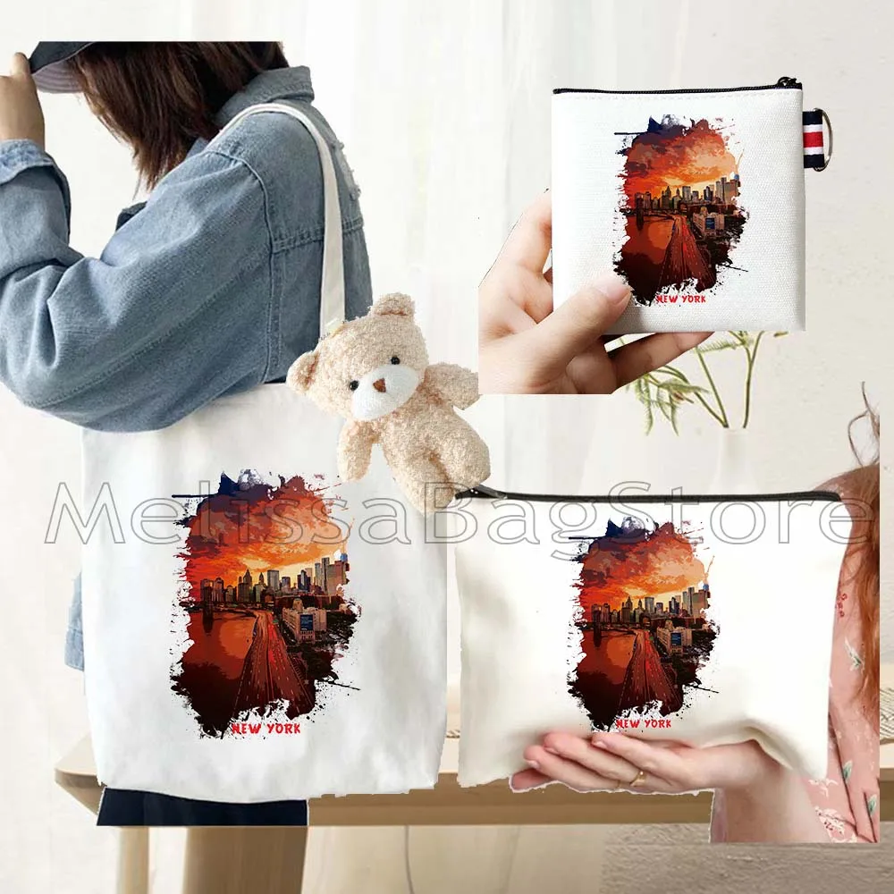 4PCS Gift Set New York City Black Canvas Tote Bag Handbag with Doll Key Coin Purse Cosmetic Makeup Toilet Bag Case Pouch