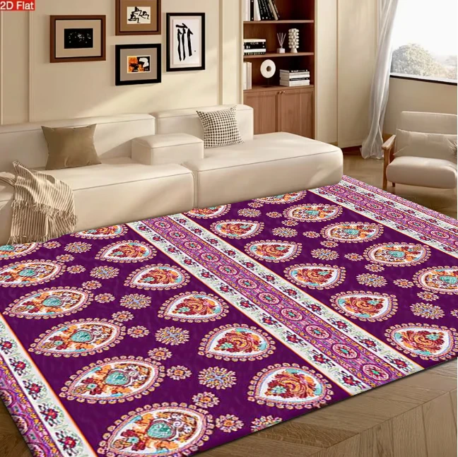 Purple Paisley Ethnic Border Carpet Flooring Vintage Oriental Printed Area Rug for Living Room Indoor Home Decoration