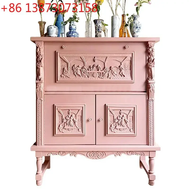 

French retro solid wood hand-carved pink wall cabinet home storage decoration designer model