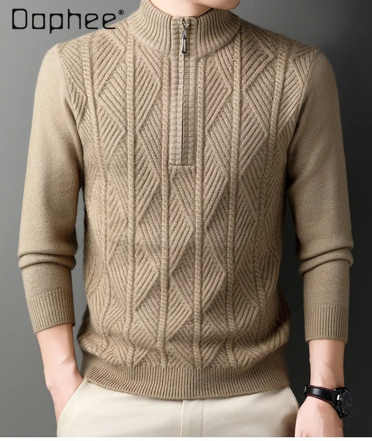 

Зимний мужской утепленный полуводолазка на молнии, винно-красный, верблюжий, серый вязаный свитер, тонкий повседневный теплый черный свитер