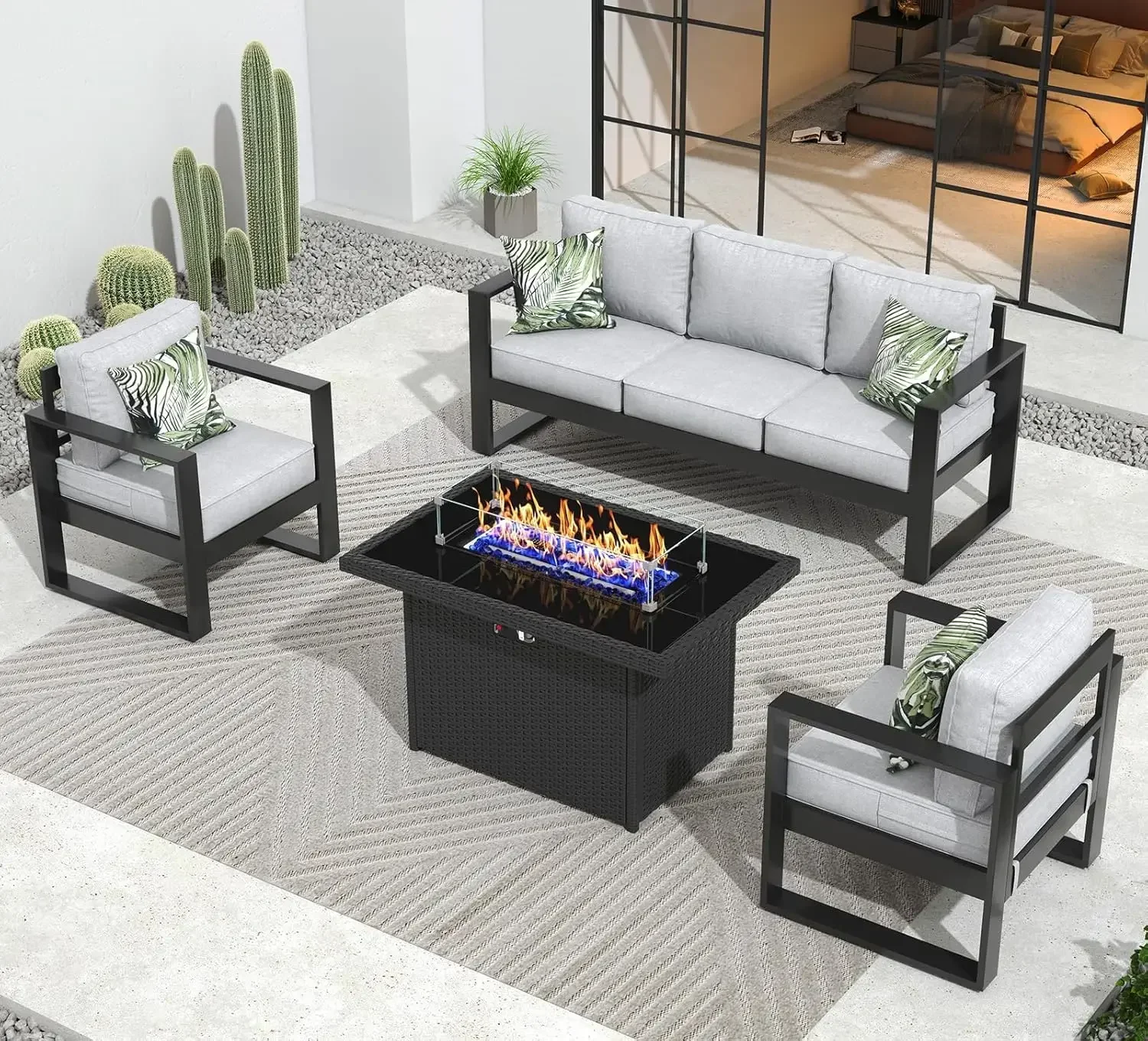 

L1218 Outdoor Aluminum Furniture Set with Fire Pit Table - 4 Pieces Modern Patio Conversation Sets Metal Sectional Sofa Set