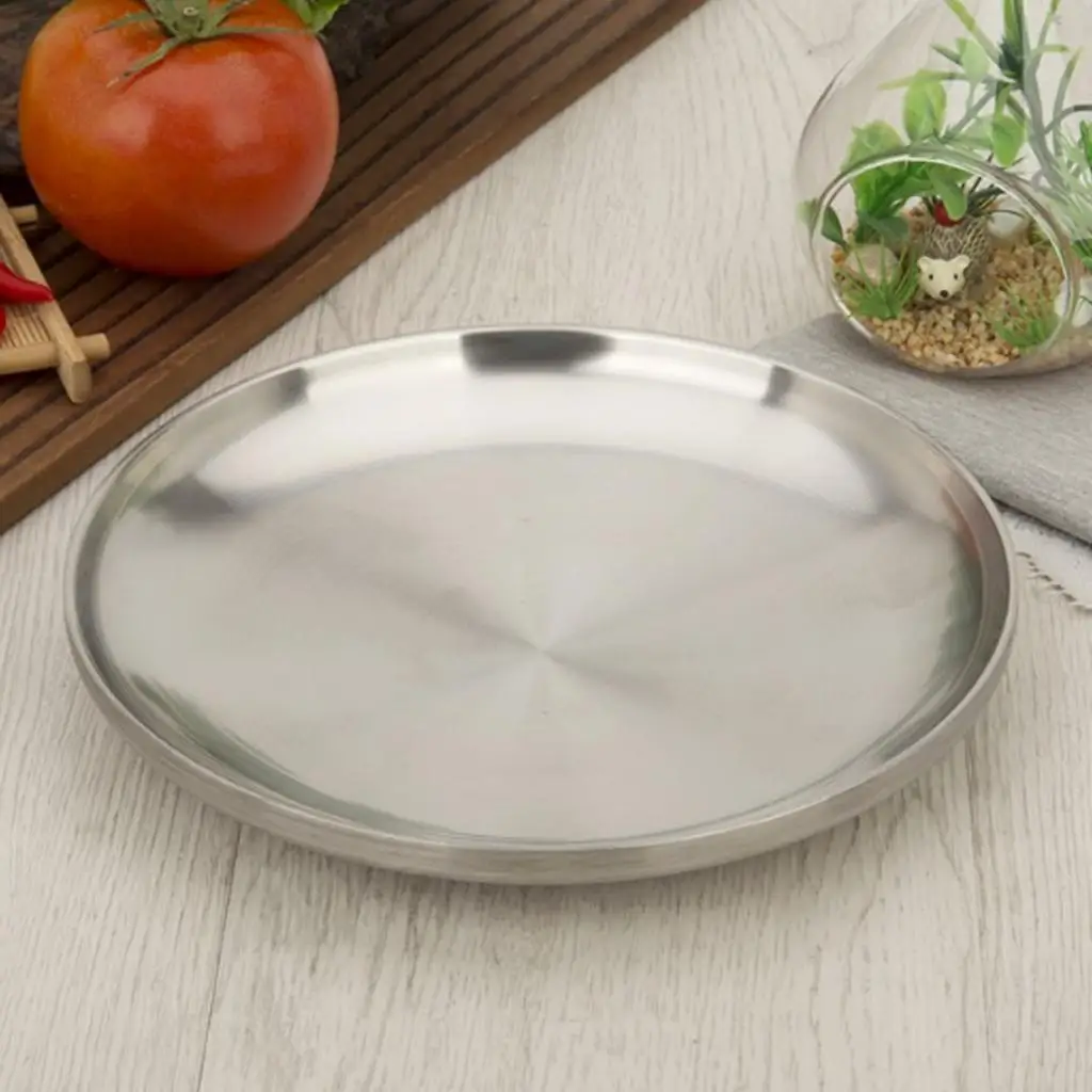 Stainless Steel Dinner Plates Western Steak Round Tray Kitchen Serving Dishes Salad Shape Round Plate Cake Dessert Tray - Silver