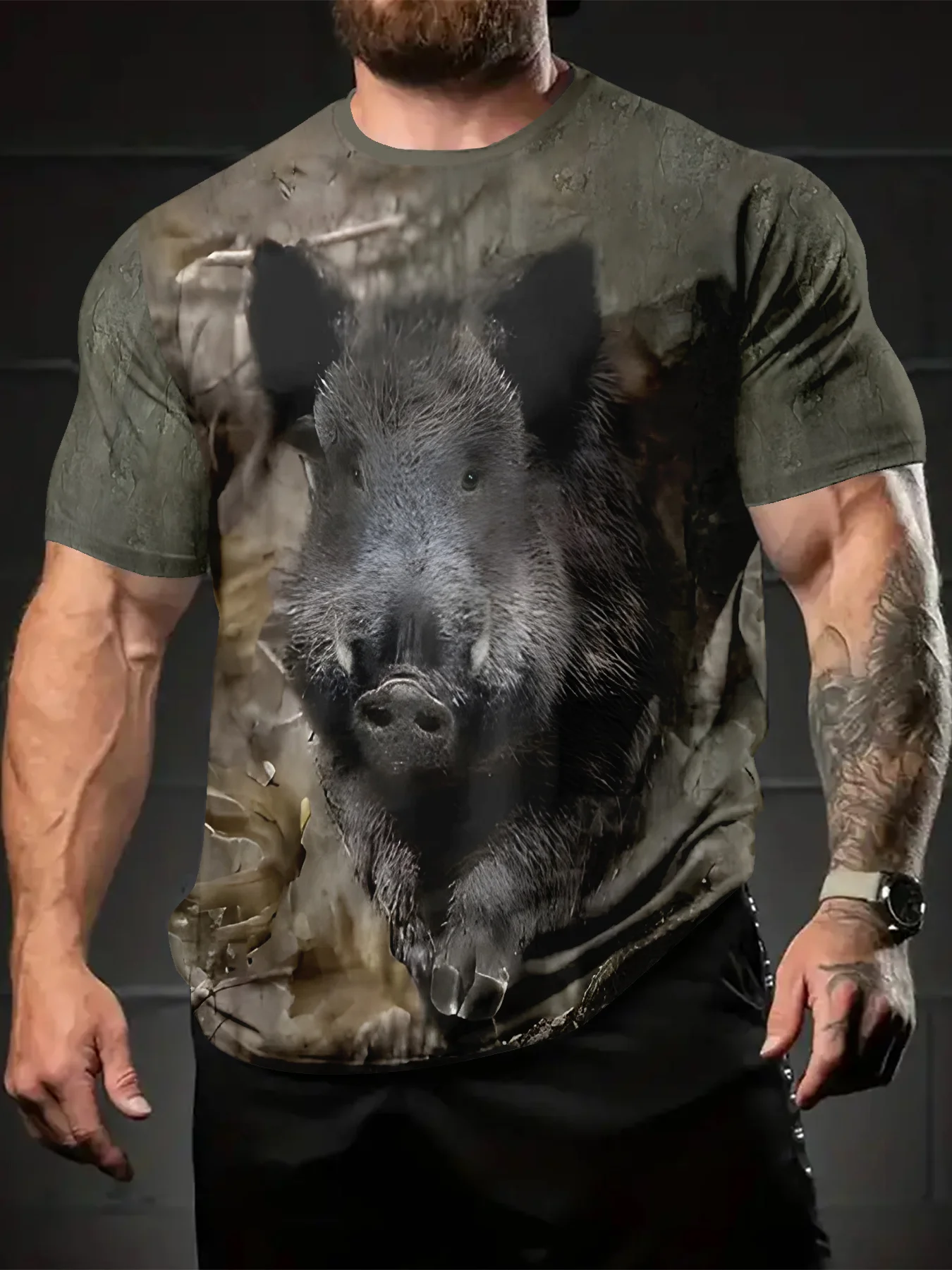 Men's Wild Boar Print T-Shirt Army Green Hunting Style Crew Neck Short Sleeve Polyester Casual Top