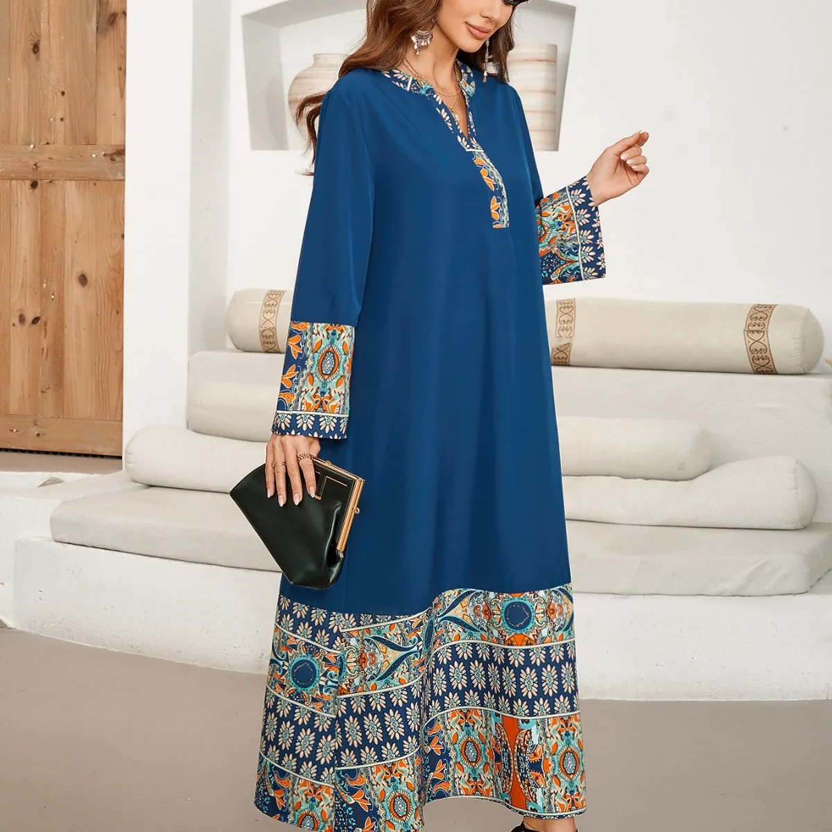 ชุดเดรสยาวพิมพ์ลาย V-Ne แบบต่อผ้า Dr Dubai Sle Mid-Sve Maxi Dr Faionable ชุดแสดงบนเวที เสื้อผ้าผู้หญิง