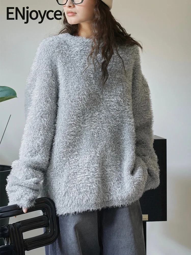 ENjoyce 2023 Winter Women Korean Fashion Long-haired Sparkling Knitted Pullovers Sweaters Loose Skin-friendly Soft Knitwear