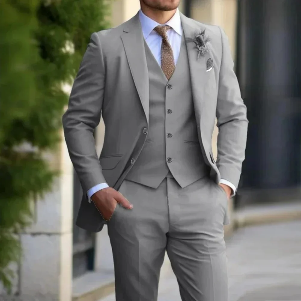 

Wedding Groom Business Birthday Banquet Work Suit Jacket And Pants Men Suit Gray 3 Pieces Single Button With Lapel