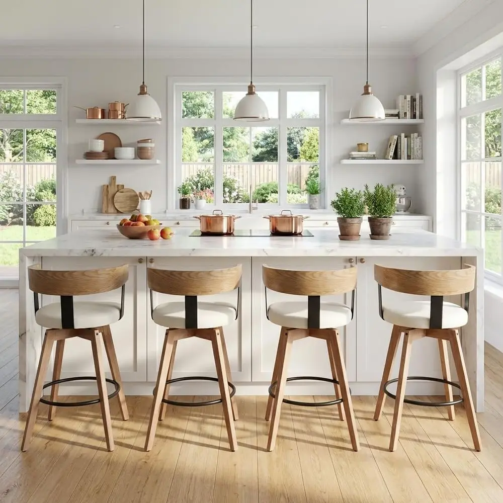 

Set of 4, 26 Swivel Counter Height Linen Fabric Barstools with Barrel Backrest and Wooden Legs for Kitchen Island Dining Room, W
