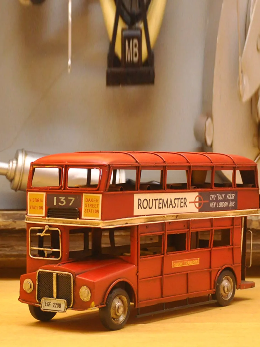 Vintage Iron Desktop Ornament Featuring Classic Double Decker Bus Design Handcrafted With Industrial Aesthetic Ideal For Study S