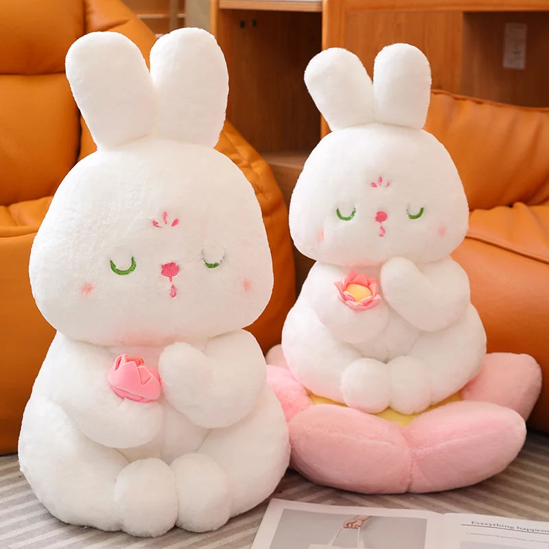 

Kawaii Funny Rabbit Plush Toys meditating on lotus cushion Stuffed Lovely Bunny Doll Lying on the lotus leaf For Girl Xmas Gifts