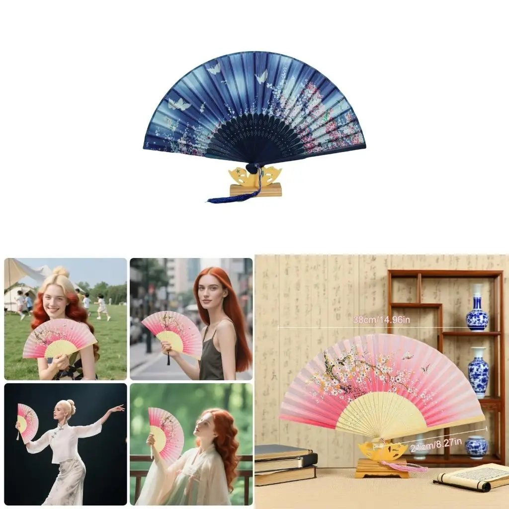 Vintage Silk Folding Hand Fan For Women Traditional Dance Performances Props