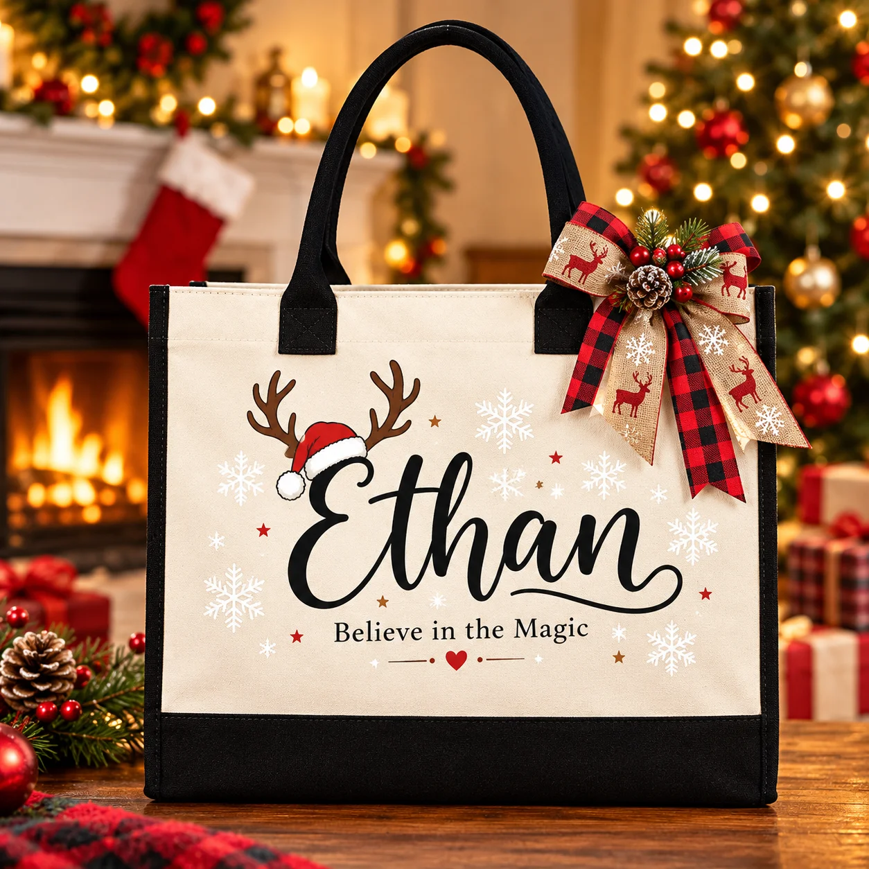 Personalized Christmas canvas tote bag—customizable Santa hat gift bag—perfect for family and children.