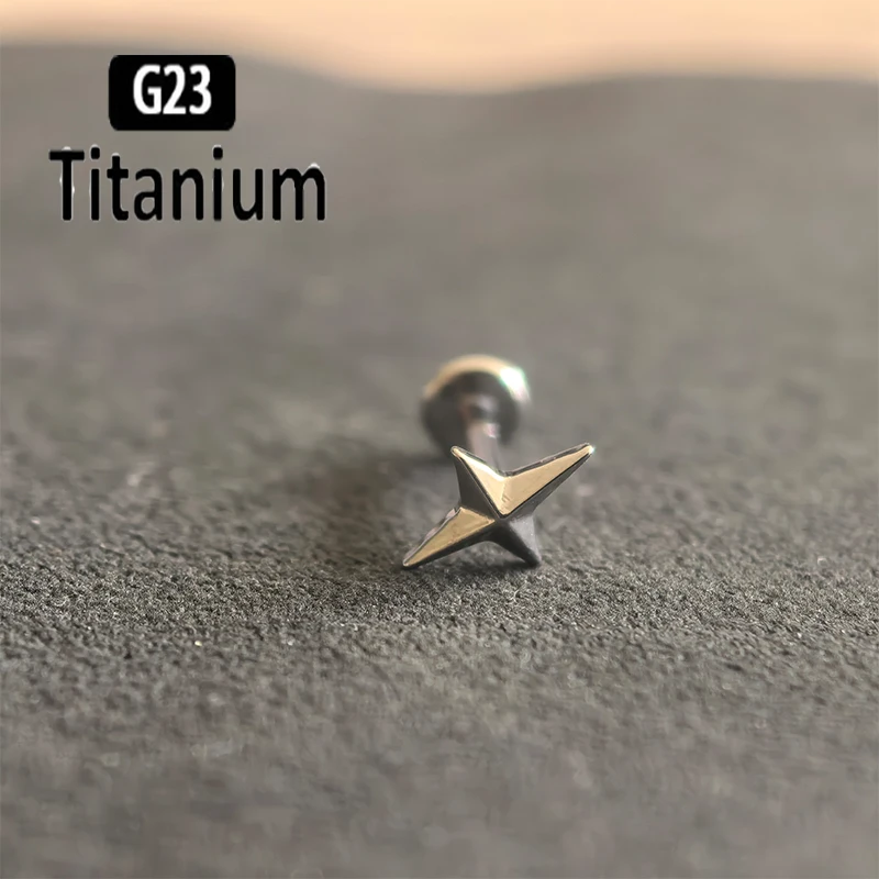 ASTM F136 Titanium Labret CZ Four-Pointed Star Cartilage Stud Earring Internally Threaded Helix Tragus Piercing Jewelry Lip Ring