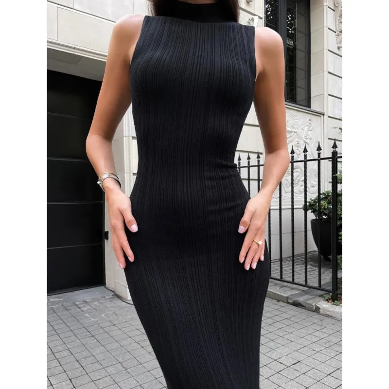 فستان محبوك برقبة عالية بدون أكمام ضيق لفصل الربيع والصيف فساتين فرنسية أنيقة للنساء #5