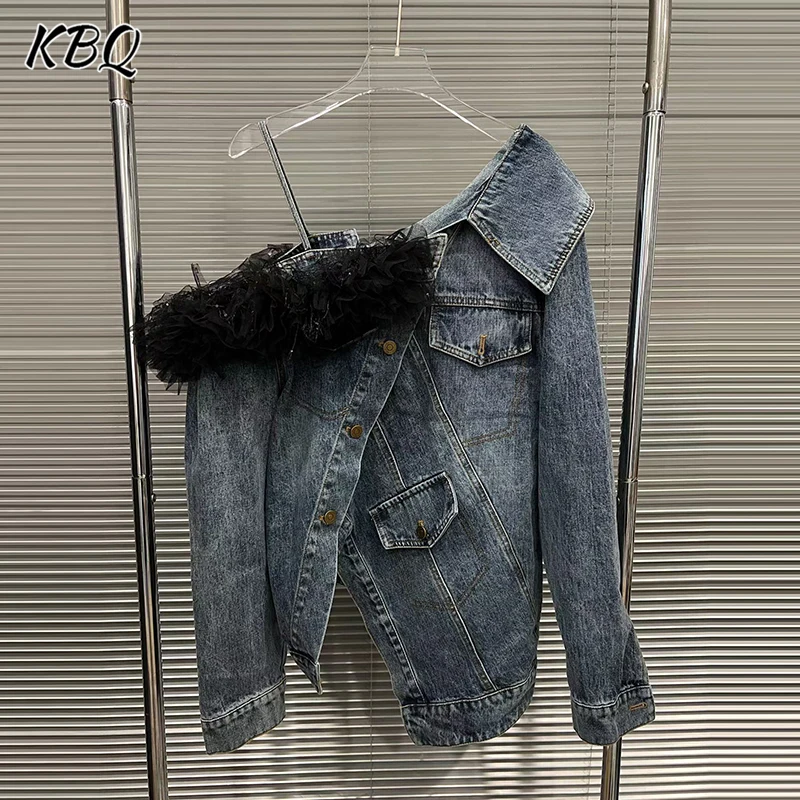 

KBQ однотонные свободные шикарные куртки с перьями для женщин с диагональным воротником и открытыми плечами, элегантные шикарные джинсовые куртки женские