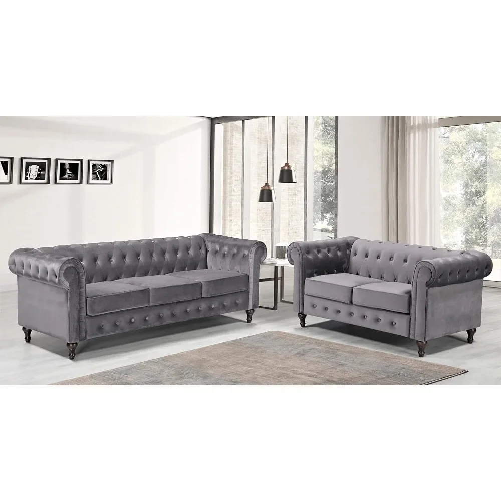 

2-Piece Velvet Chesterfield Sofa Set for Living Room, Apartment or Office, Includes Mid Century Modern Couch and Loveseat