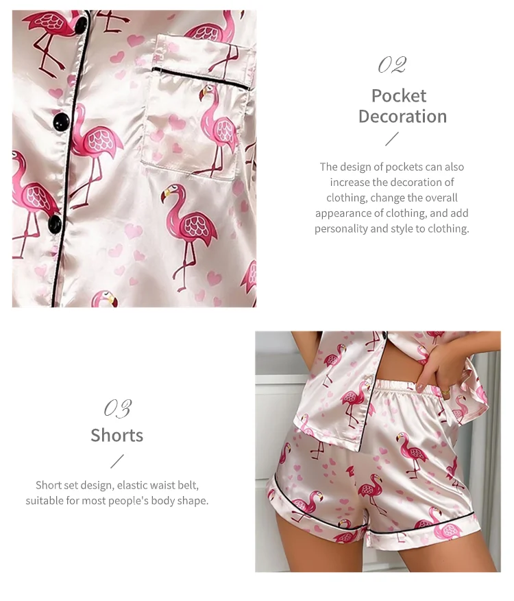 Damen-Pyjama-Set, Herz-Druck, Satin-Pyjama, lässig, kurzärmelig, Reverskragen, Oberteile und Hosen, Nachtwäsche und Loungewear für Erwachsene – Detail 14