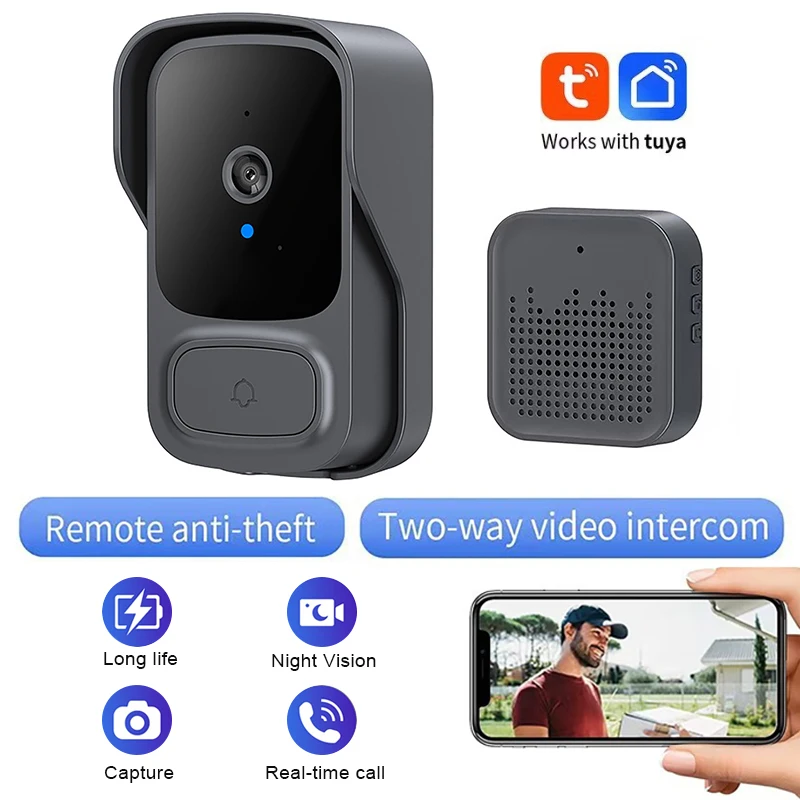 Tuya Smart Wireless Video Doorbell Security Intelligent Home Door Bell Remote Monitoring Two-Way Intercom HD Night Vision Bell