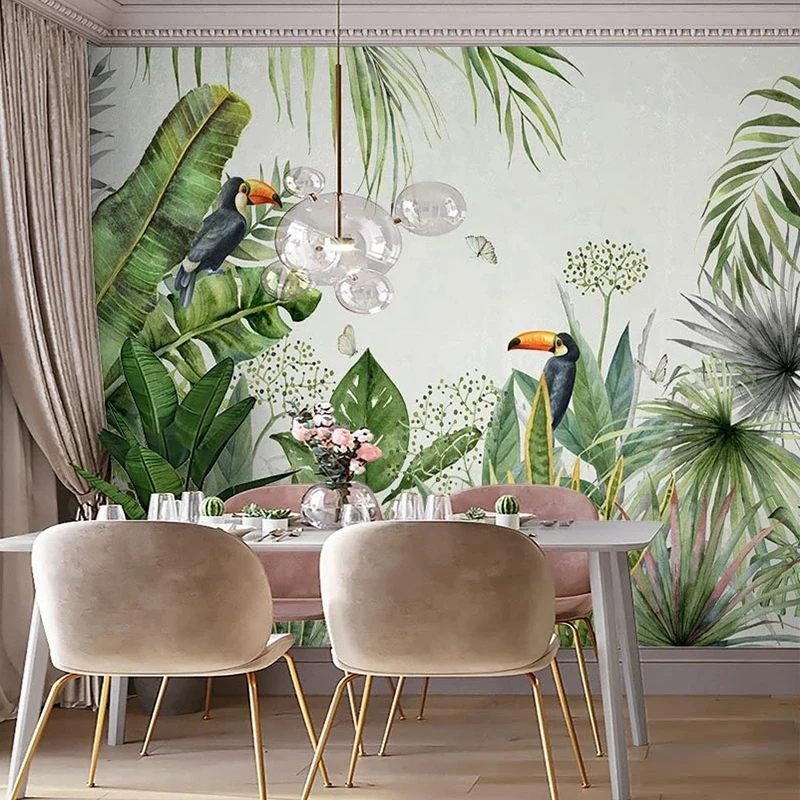 Custom Photo Wallpaper Tropical Plants Flowers And Birds Self-Adhesive Waterproof Stickers Art Pastoral Interior 3D Mural