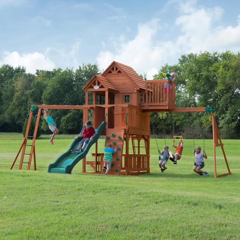 Skyfort II Playground Wood Swing Set with Playhouse Fort, Rock Climber, Outdoor Playset for kids Age 3-10 years