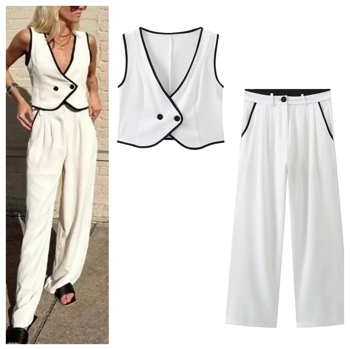 Fashion temperament V-neck vest vest women\'s high waist straight wide leg pants spring and summer new high-end suit