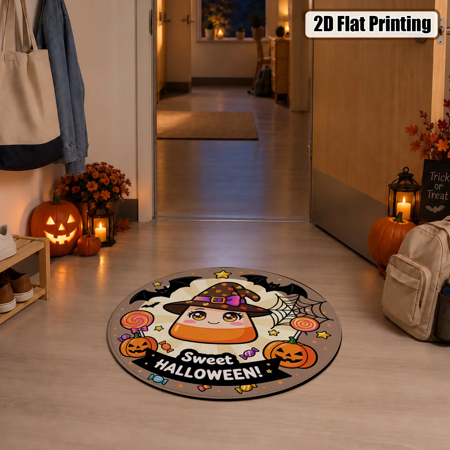 Cute Halloween Candy Witch with Bats Pumpkins Lollipops Pattern Round Velvet Area Rug, Machine Washable, Stable Placement, Ideal for Living Room, Bedroom, Entryway, Perfect for Halloween, Thanksgiving, Christmas, New Year Festive Decor