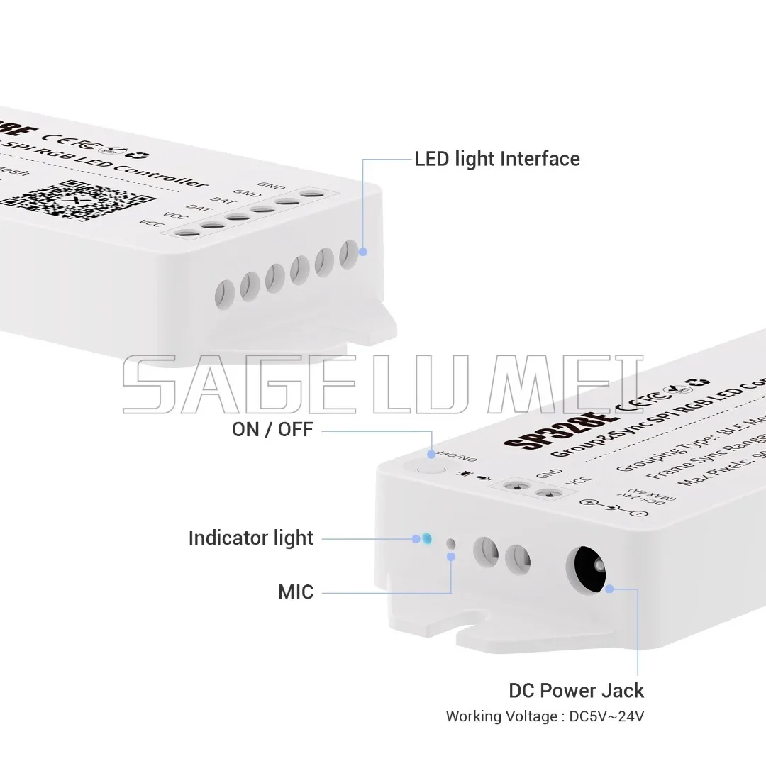 DC5-24V SP328E LED Light Strip Group & Sync SPI RGB LED Controller Bluetooth Compatible with all SPI led strip lights DIY Mode