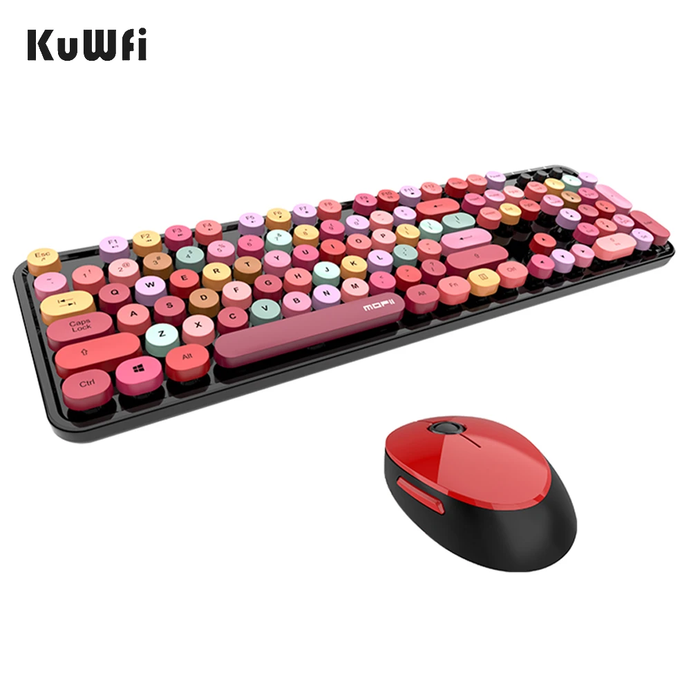 Kuwfi 2.4G Wireless Keyboard Set Mixed Color Roud Keycap Keyboard and Mouse Comb Circular Suspension Key Cap for Laptop PC