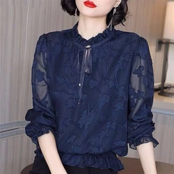 Korean Fashion Sping Autumn new Chiffon Shirts Women Solid O-Neck Printing Lacing Temperament Office Lady Loose Long Sleeve Tops